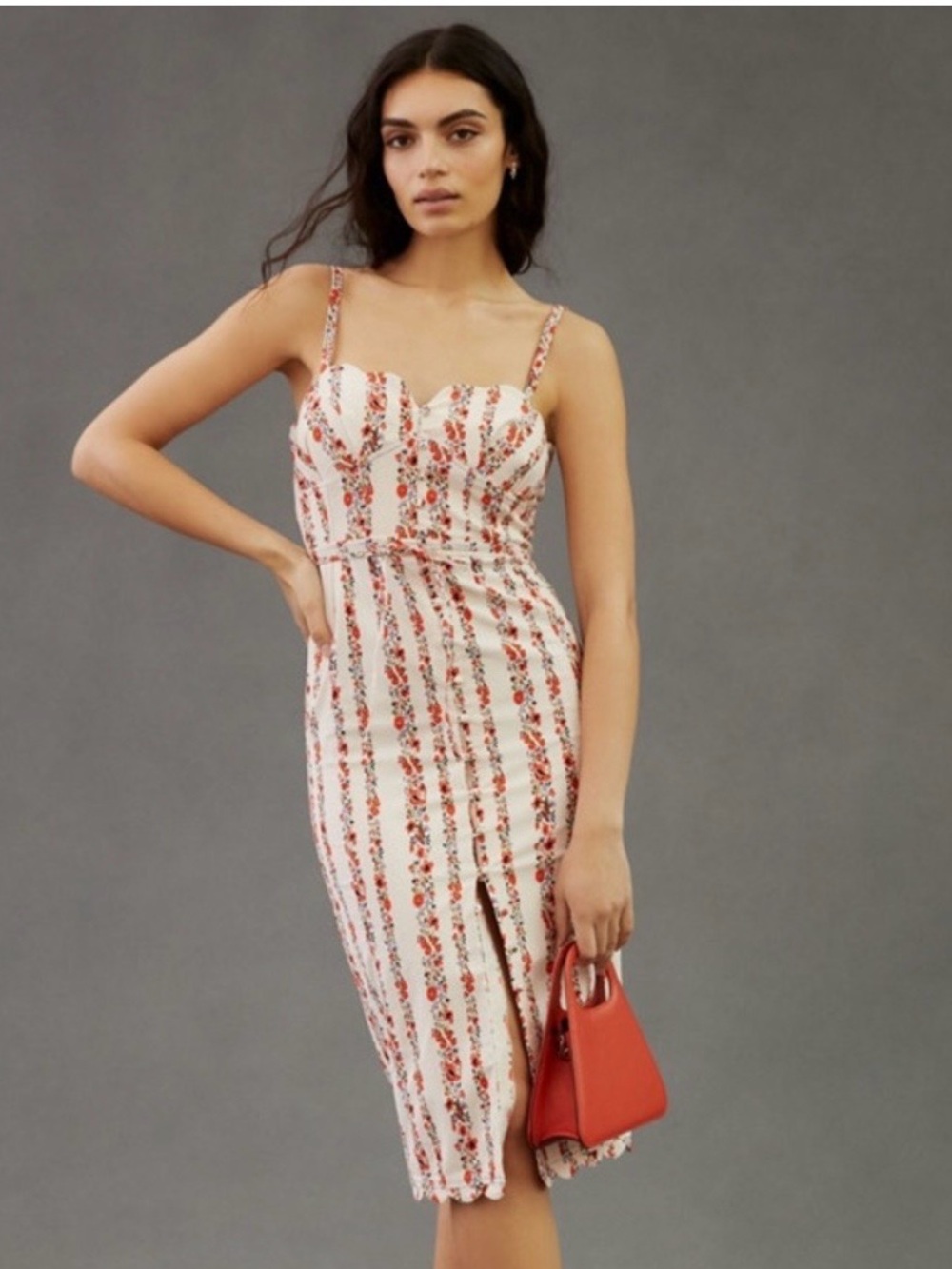 Anthropologie Sweetheart Midi Dress Sz 4 Floral Sheath Pink Garden Slit Tie Belt